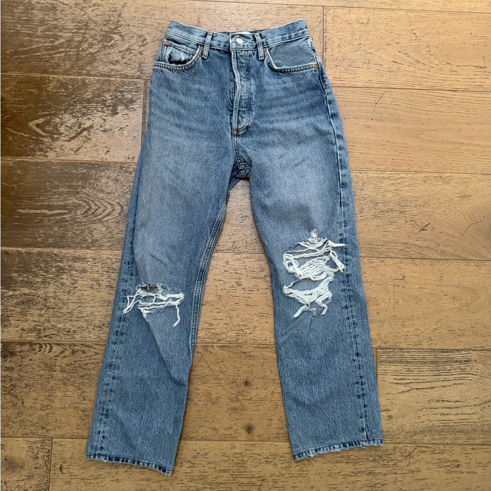Agolde 90s pinch waist Blue Distressed Cropped Jeans size 25
